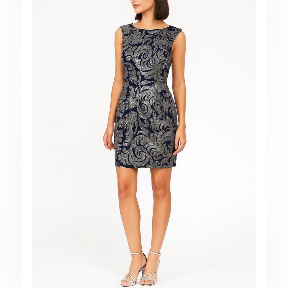 Adrianna Papell Navy and Gold Brocade Mini Dress
